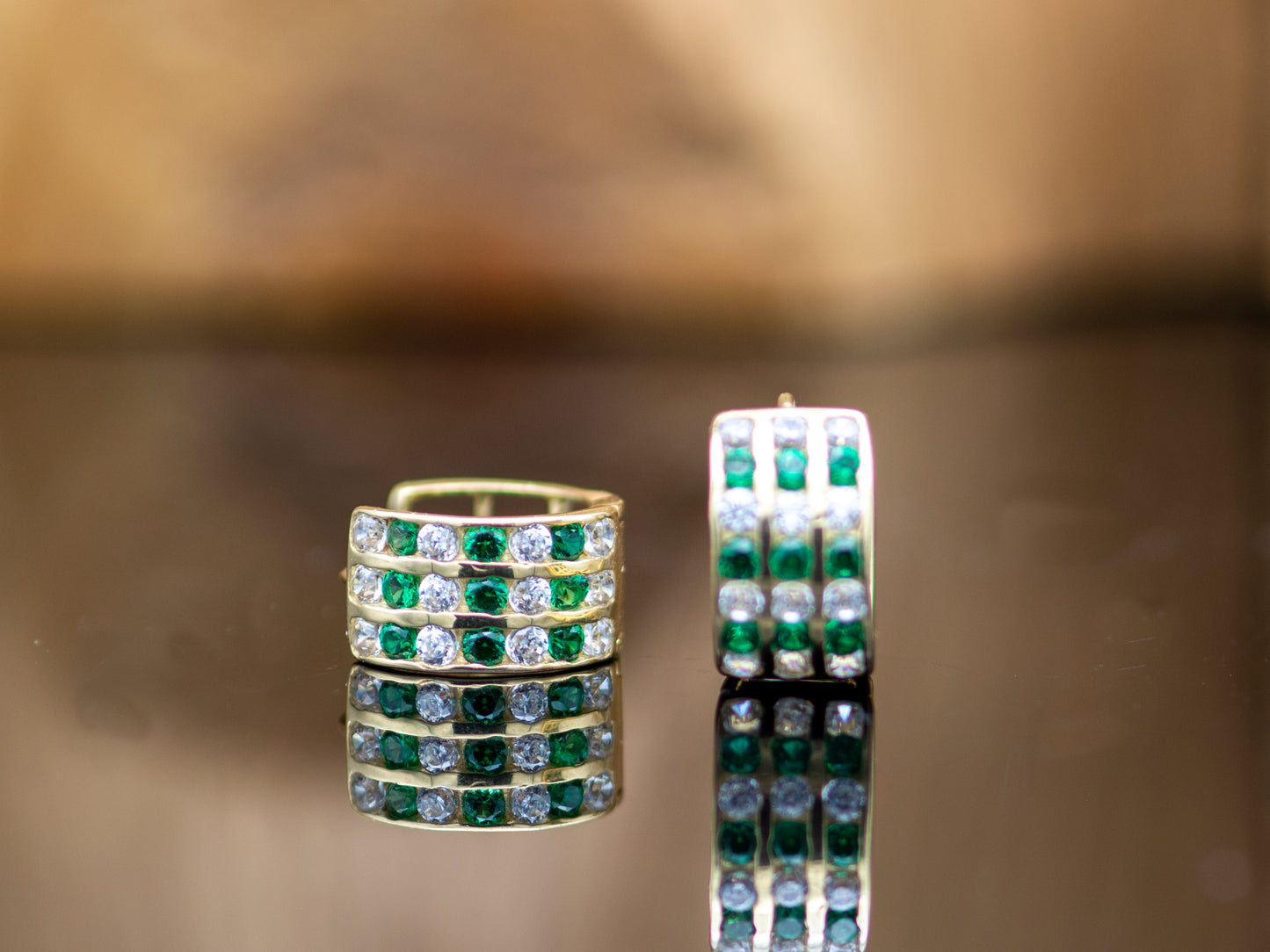 14k solid gold Triple Lined Simulated emerald and Diamond Huggies earring