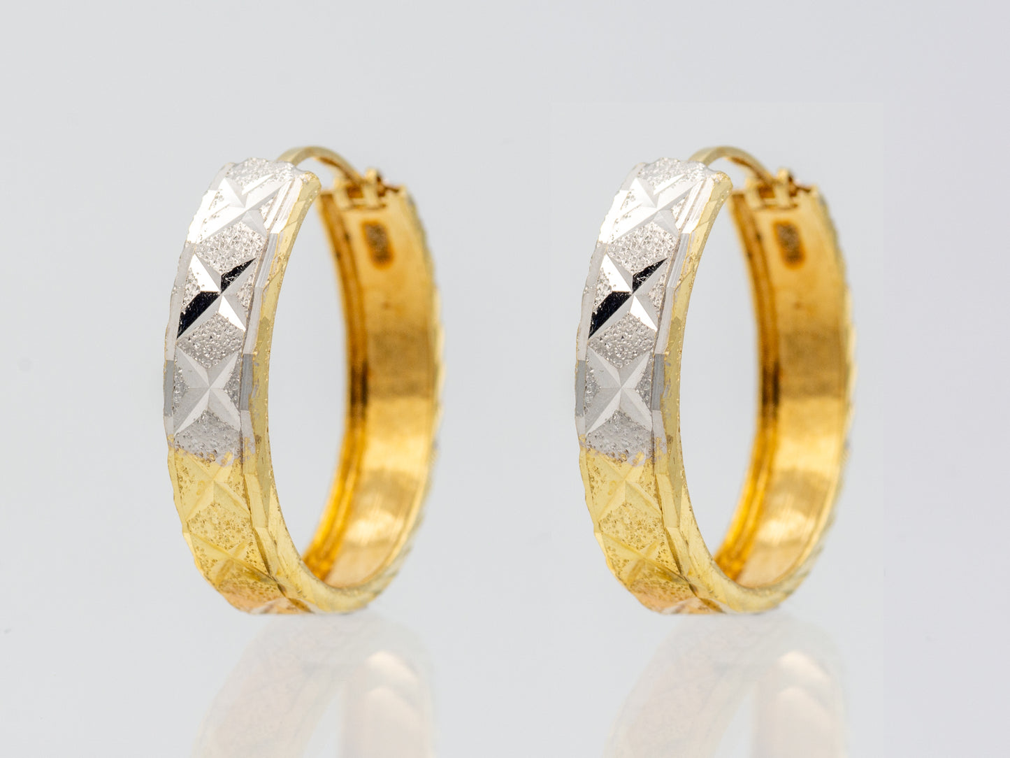 14K Solid Gold Tri color Diamond Cut Textured Hoop Earrings