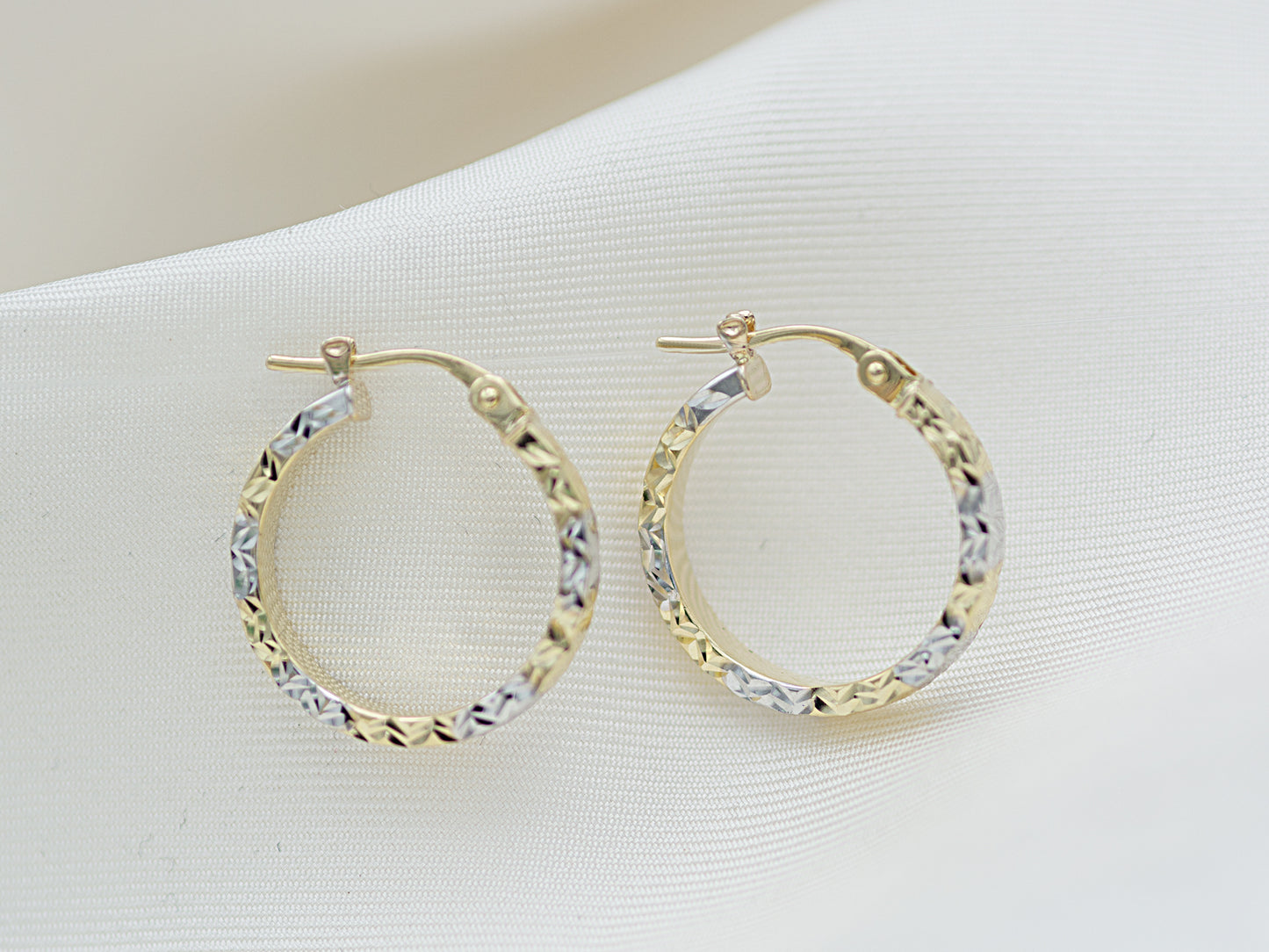 14K Solid Gold Two tone Color Diamond Cut Flat Hoop Earring