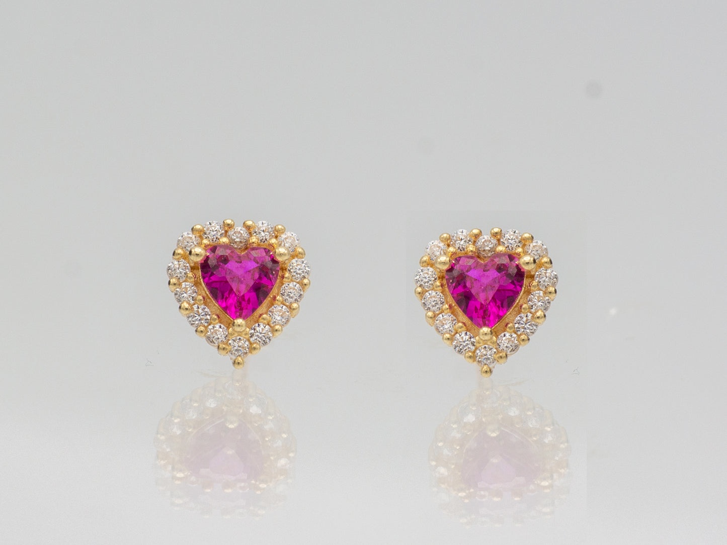 14K solid gold Heart-Shaped Synthetic Ruby and White Cubic Zirconia Frame Stud Earrings