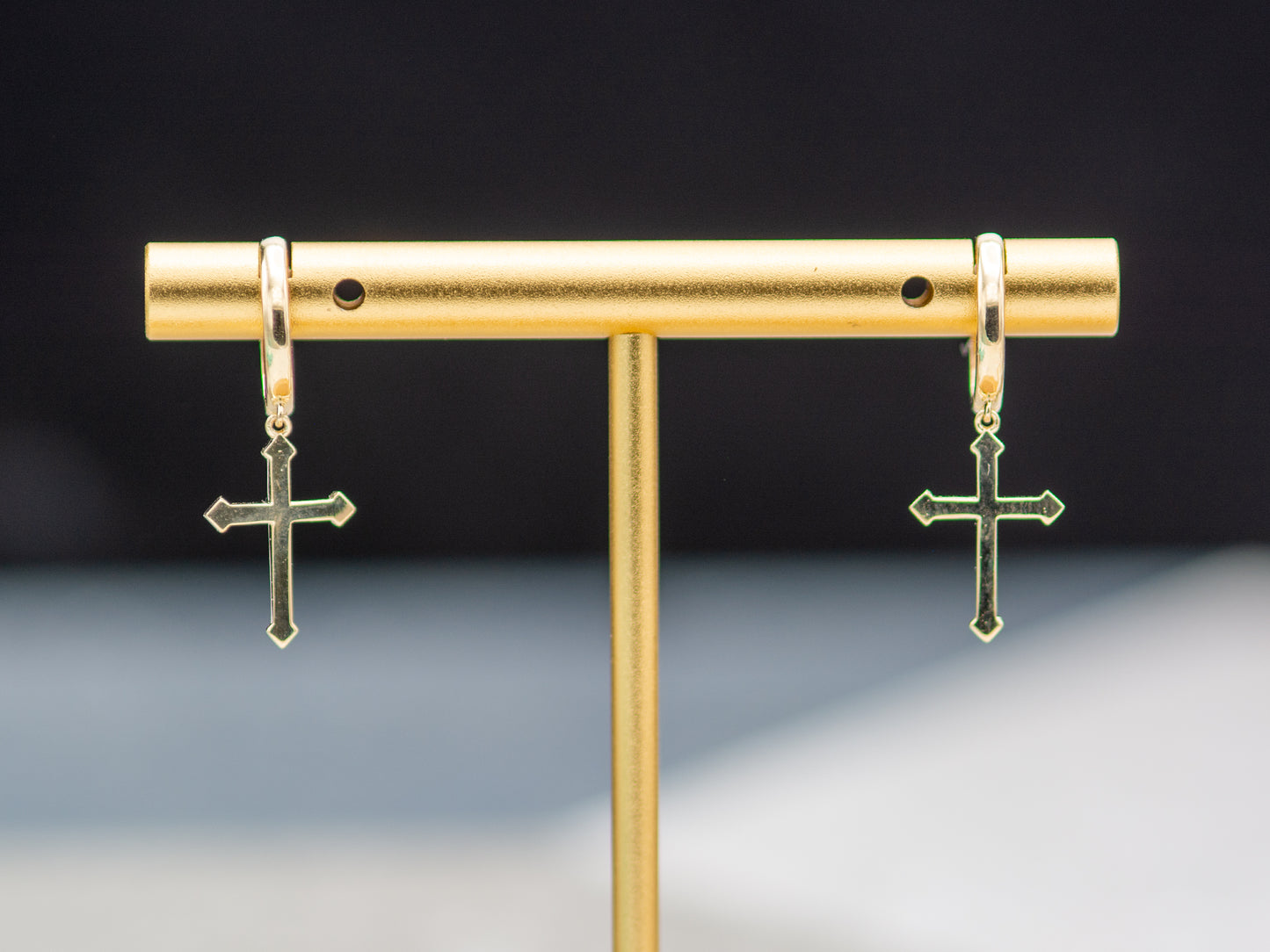 14k solid gold Cross drop Hoop Huggies Dangle earring