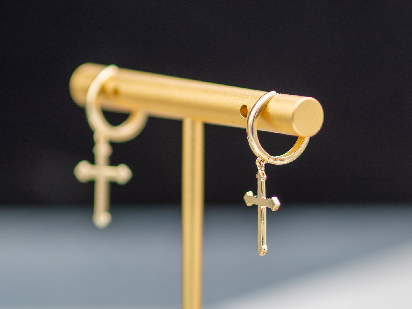 14k solid gold Cross drop Hoop Huggies Dangle earring
