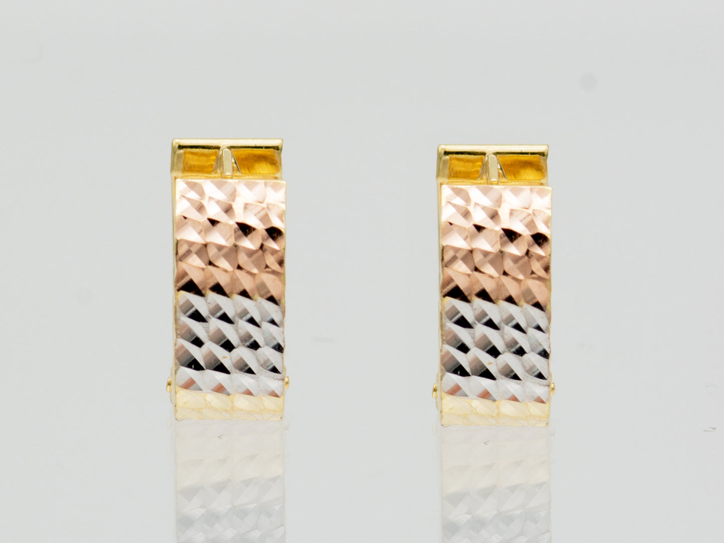14K Solid Gold Diamond Cut Tri color Square Chunky Huggies Hoop earring