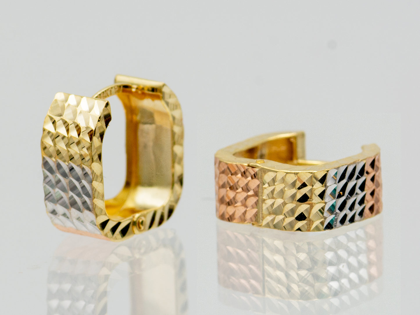 14K Solid Gold Diamond Cut Tri color Square Chunky Huggies Hoop earring