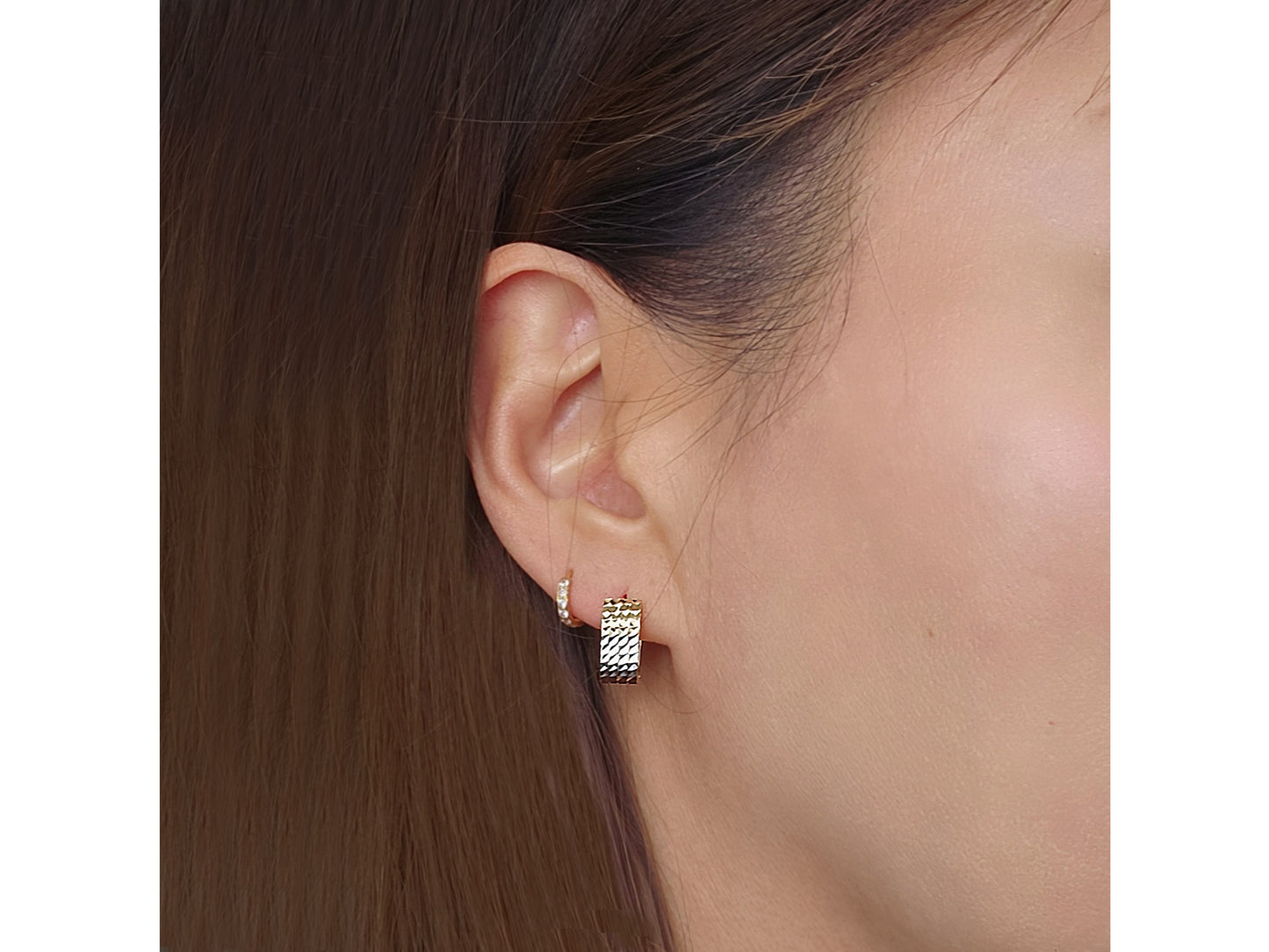 14K Solid Gold Diamond Cut Tri color Square Chunky Huggies Hoop earring