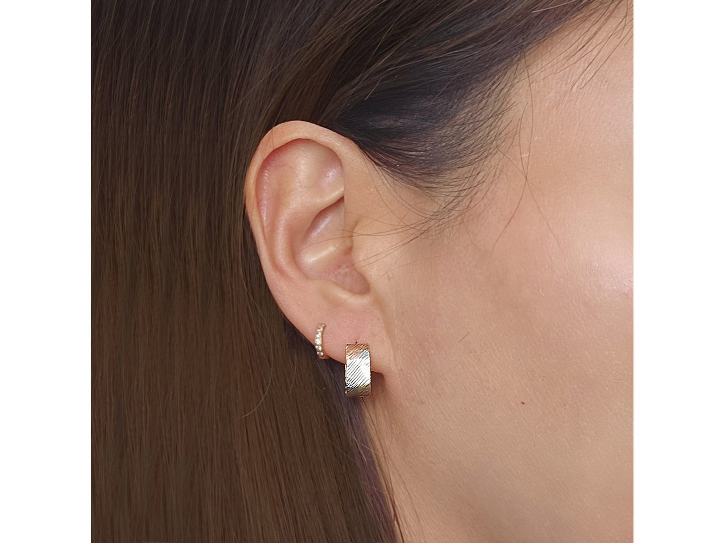 14K Solid Gold Stripe Diamond Cut Tri color Square Chunky Huggies Hoop earring