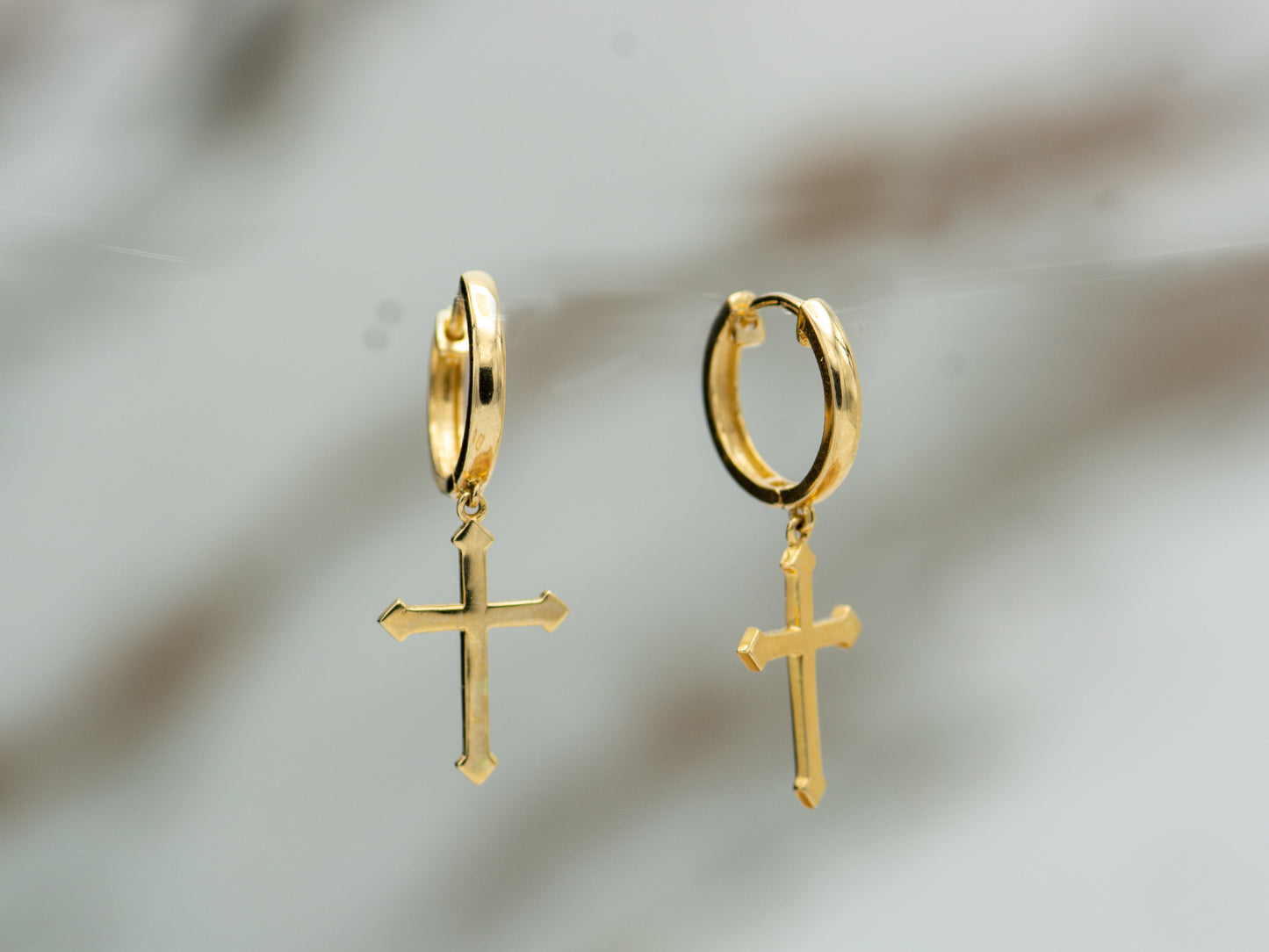 14k solid gold Cross drop Hoop Huggies Dangle earring