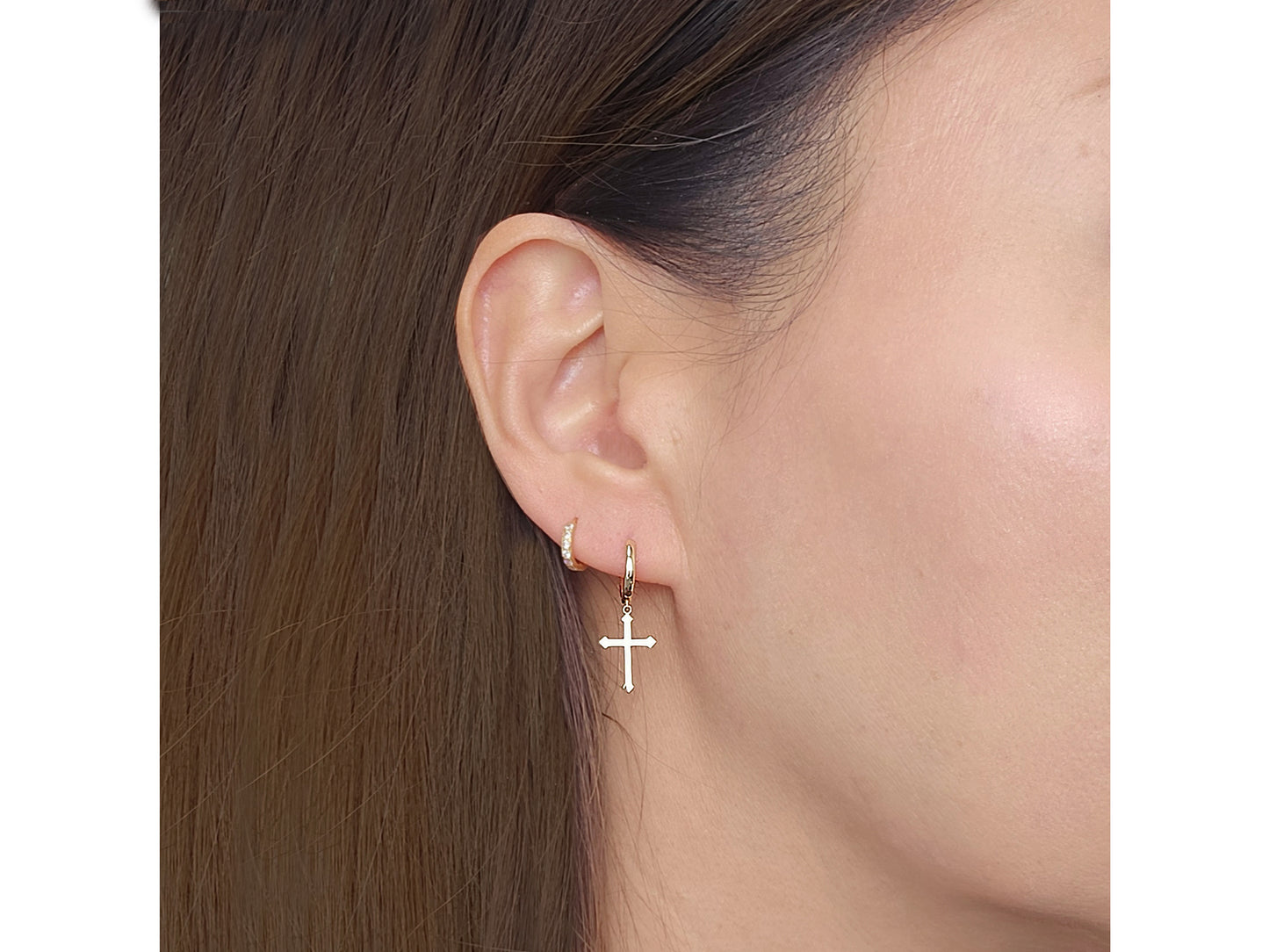 14k solid gold Cross drop Hoop Huggies Dangle earring