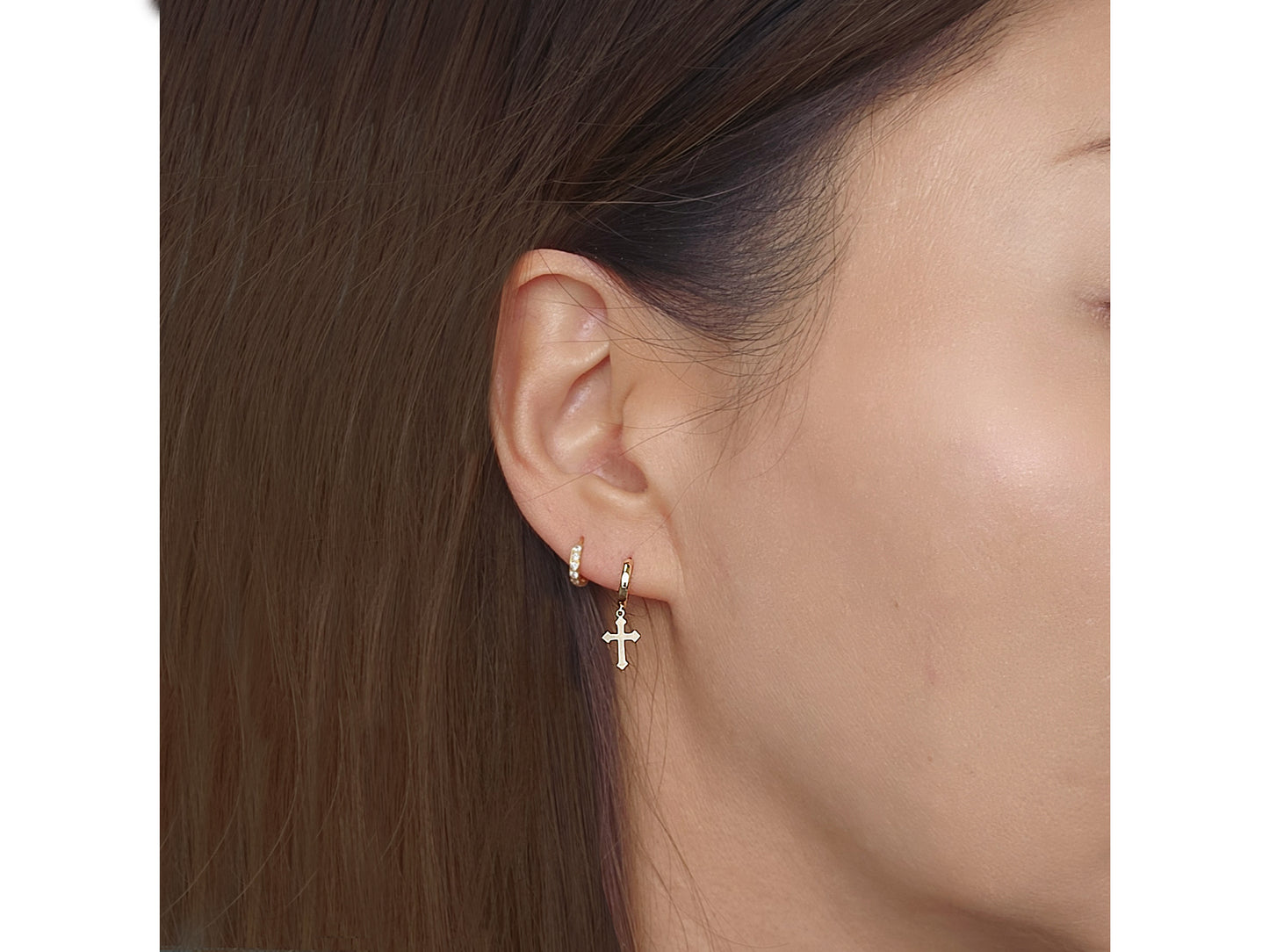 14k solid gold Cross drop Hoop Huggies Dangle earring