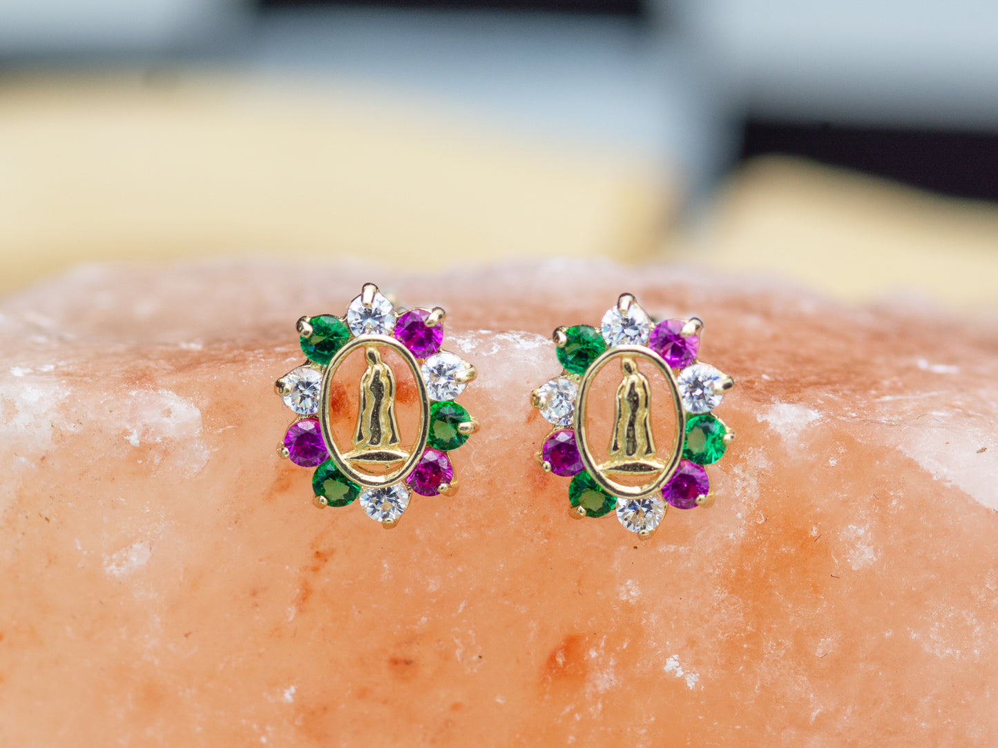 14k solid gold Guadalupe - Virgin Mary multi color CZ stud earring