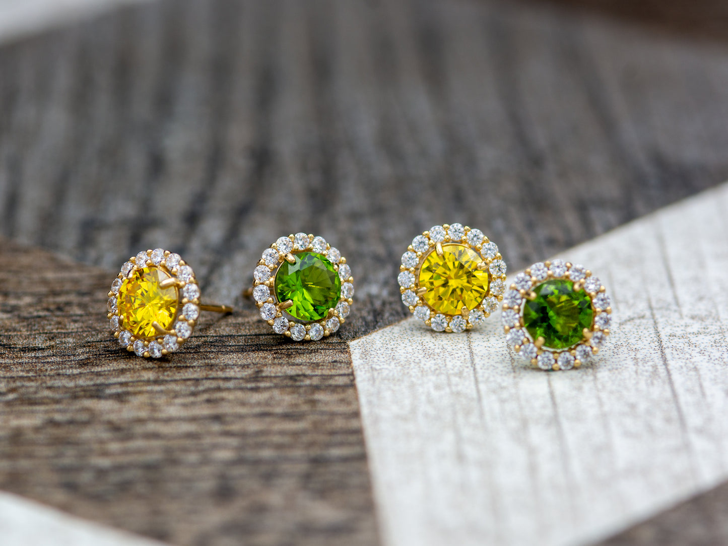 14k solid gold Round Simulated Diamond Yellow Green Blue With CZ stud earring