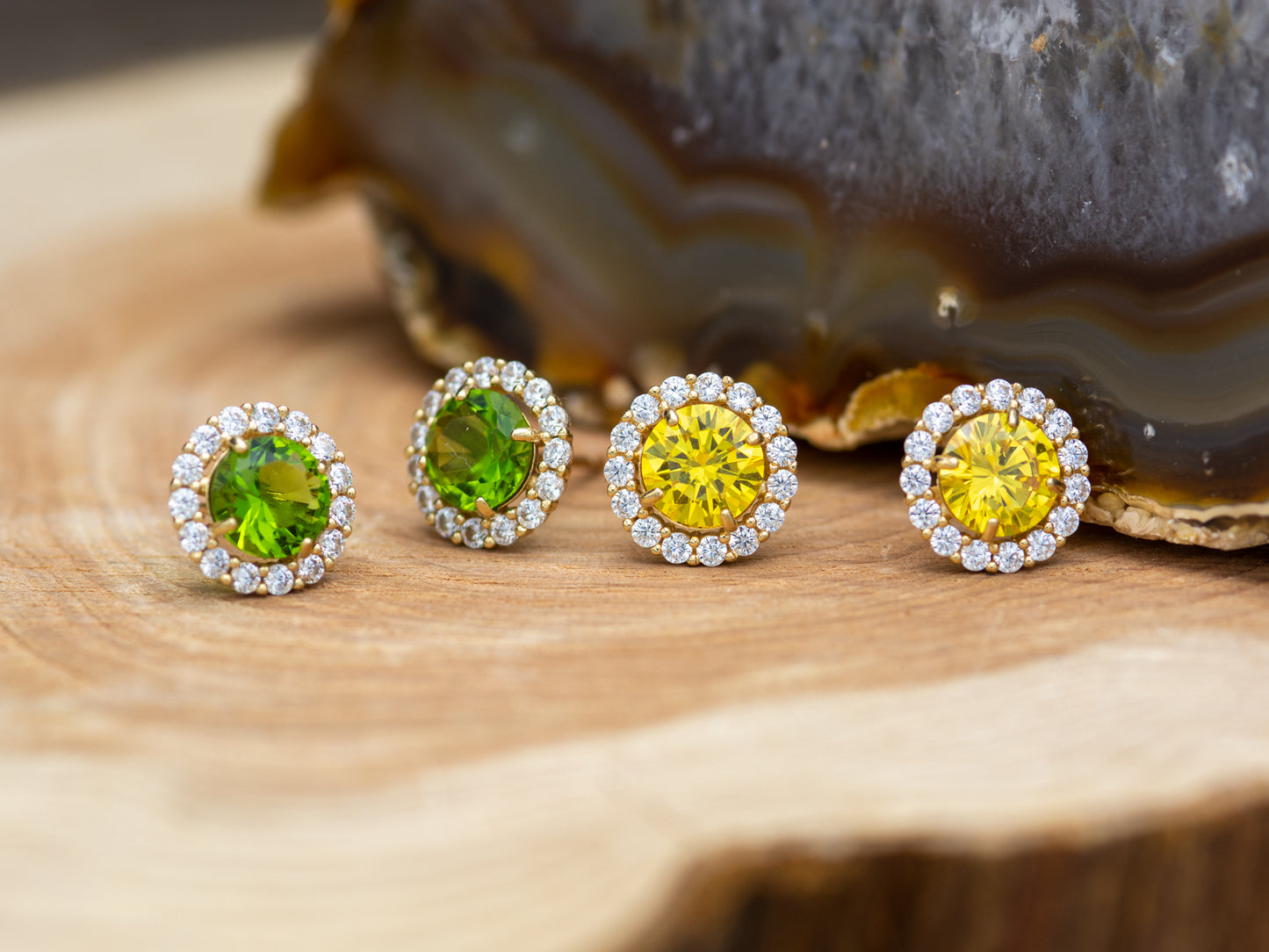 14k solid gold Round Simulated Diamond Yellow Green Blue With CZ stud earring