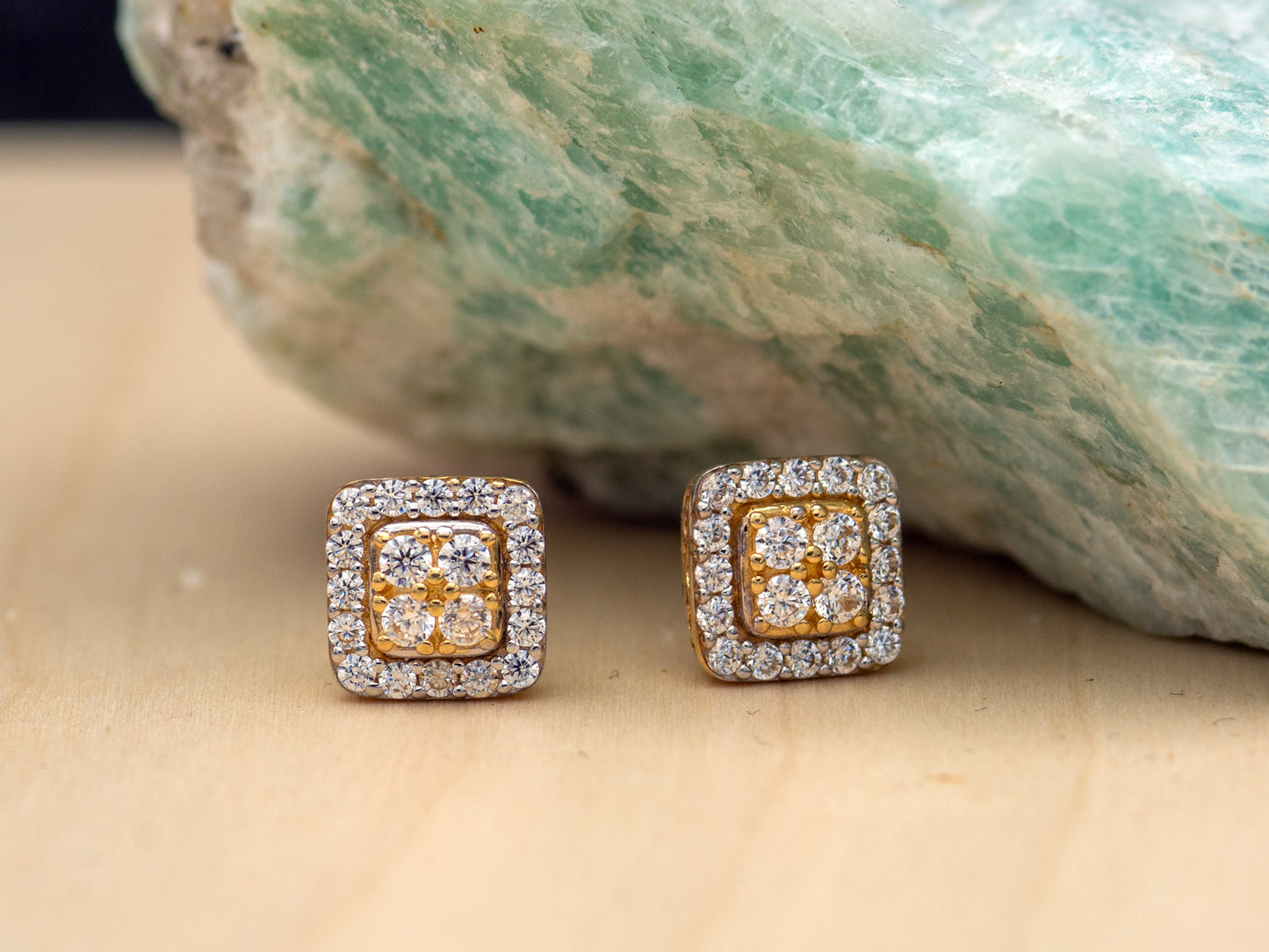 14k solid gold Square Simulated cluster Diamond stud earring