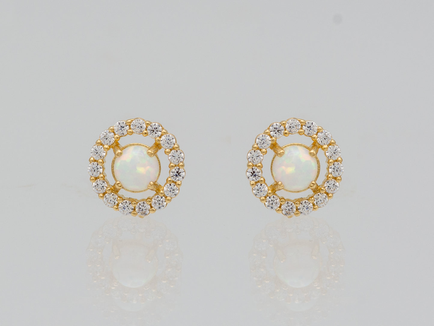 14K Solid Yellow Gold CZ Lab Opal Round Stud Earring