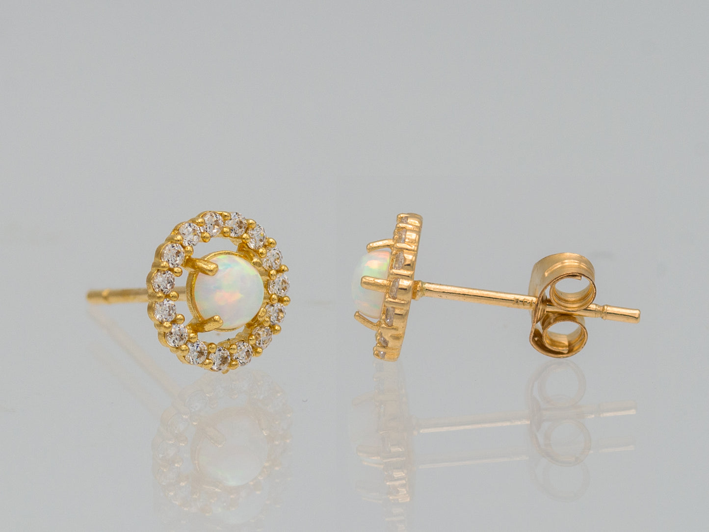 14K Solid Yellow Gold CZ Lab Opal Round Stud Earring