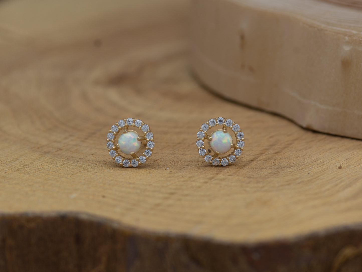 14K Solid Yellow Gold CZ Lab Opal Round Stud Earring