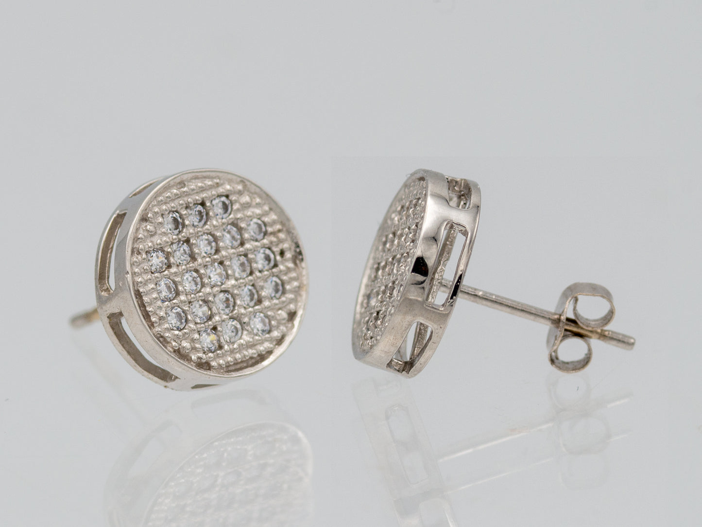 14k solid White gold Round simulated Diamond Circle Shape Iced Stud Earring