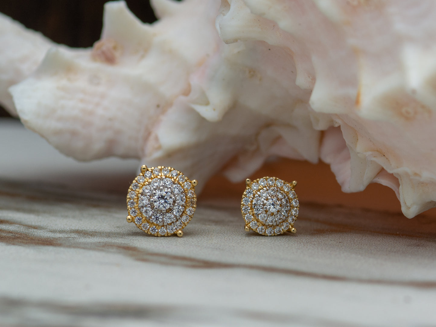 14k solid gold Double Halo Simulated Diamond Unisex Stud Earring