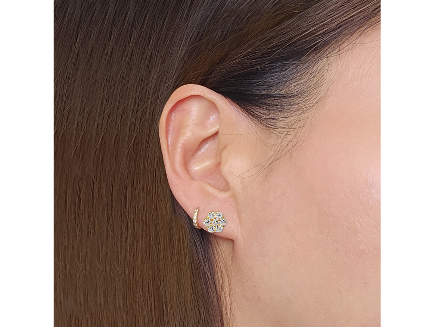 14k Gold Genuine Diamond 7 Stone Honey comb Cluster Stud Earrings