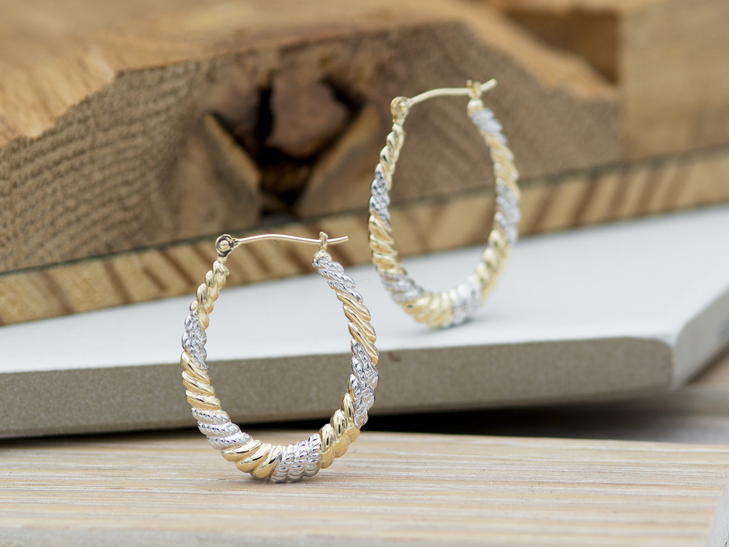 Oval twisted two tone hoop