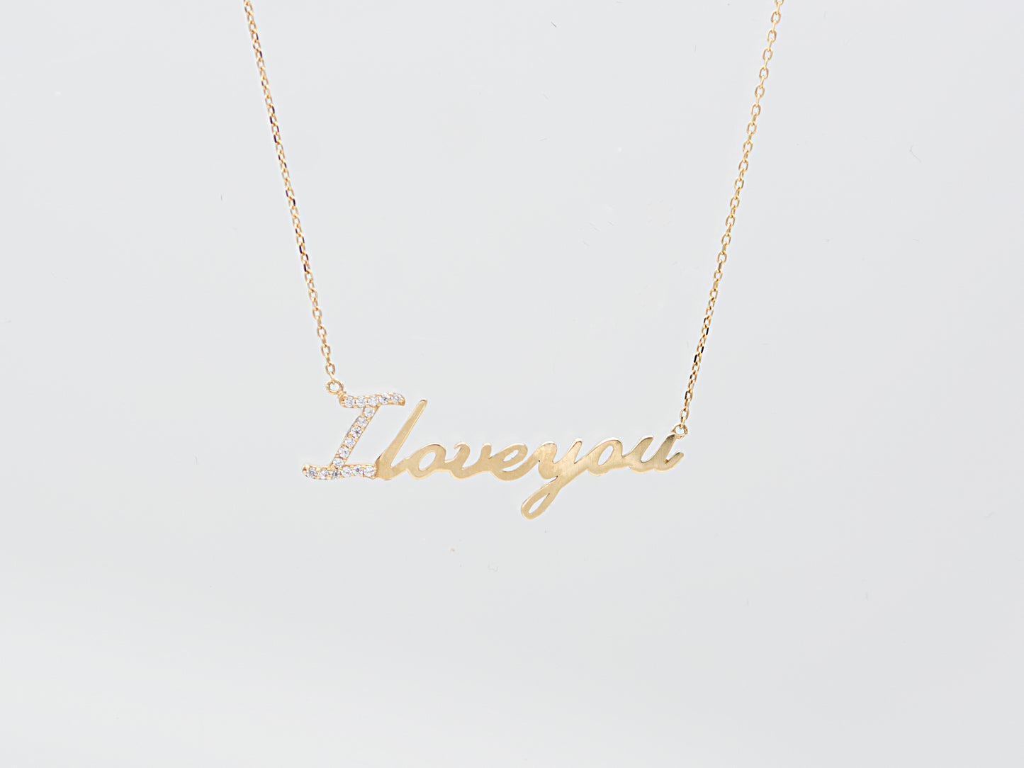 14K Solid Yellow Gold " I Love you" script Letter necklace with simulated Diamond