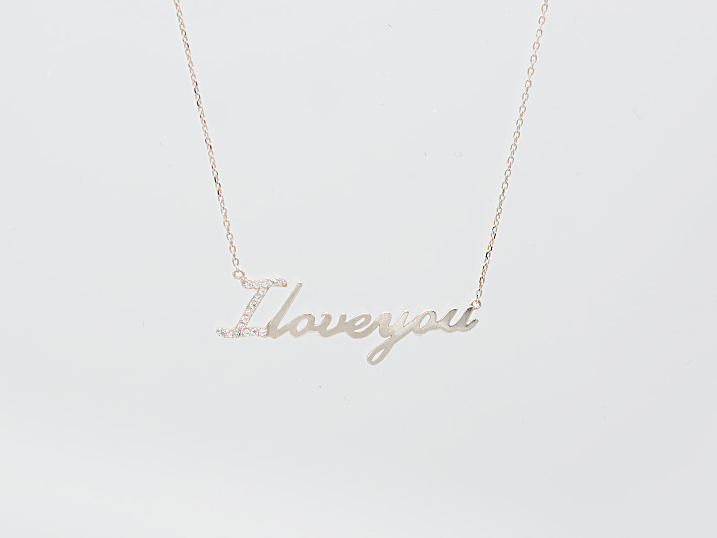 14K Solid Yellow Gold " I Love you" script Letter necklace with simulated Diamond