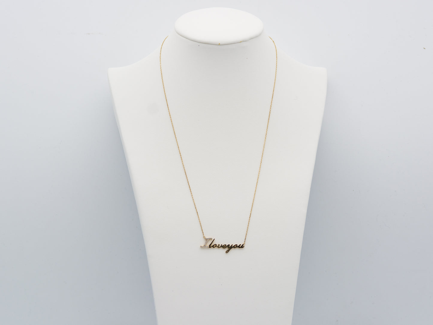 14K Solid Yellow Gold " I Love you" script Letter necklace with simulated Diamond