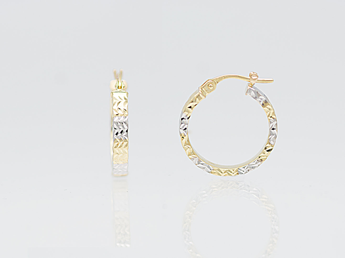 14K Solid Gold Two tone Color Diamond Cut Flat Hoop Earrings
