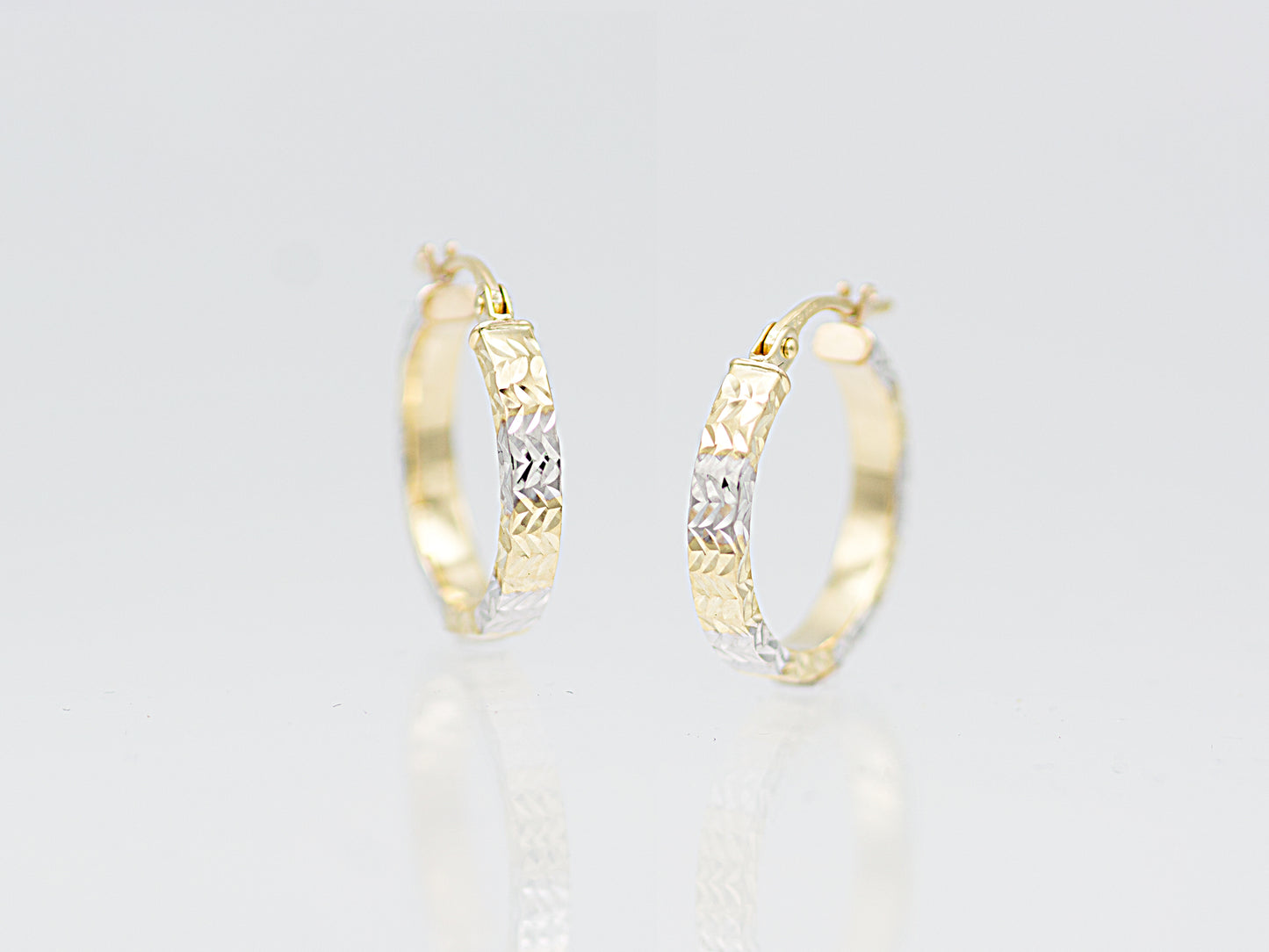 14K Solid Gold Two tone Color Diamond Cut Flat Hoop Earrings