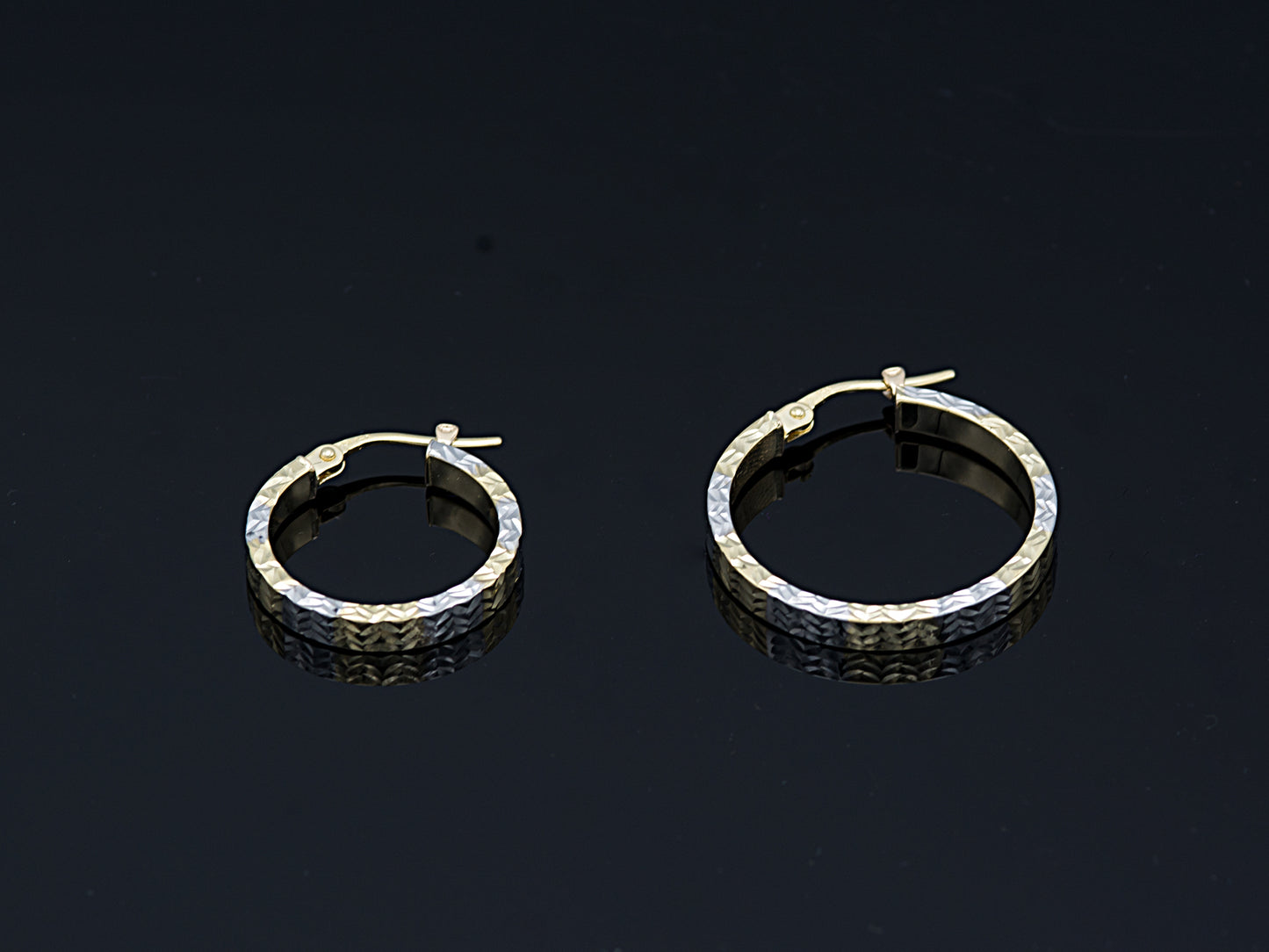 14K Solid Gold Two tone Color Diamond Cut Flat Hoop Earrings