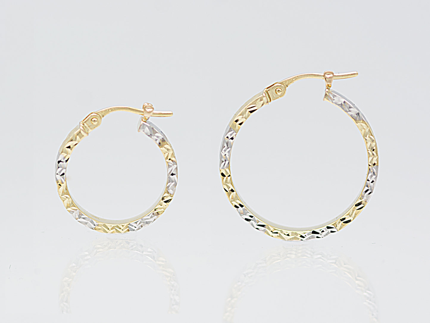 14K Solid Gold Two tone Color Diamond Cut Flat Hoop Earrings