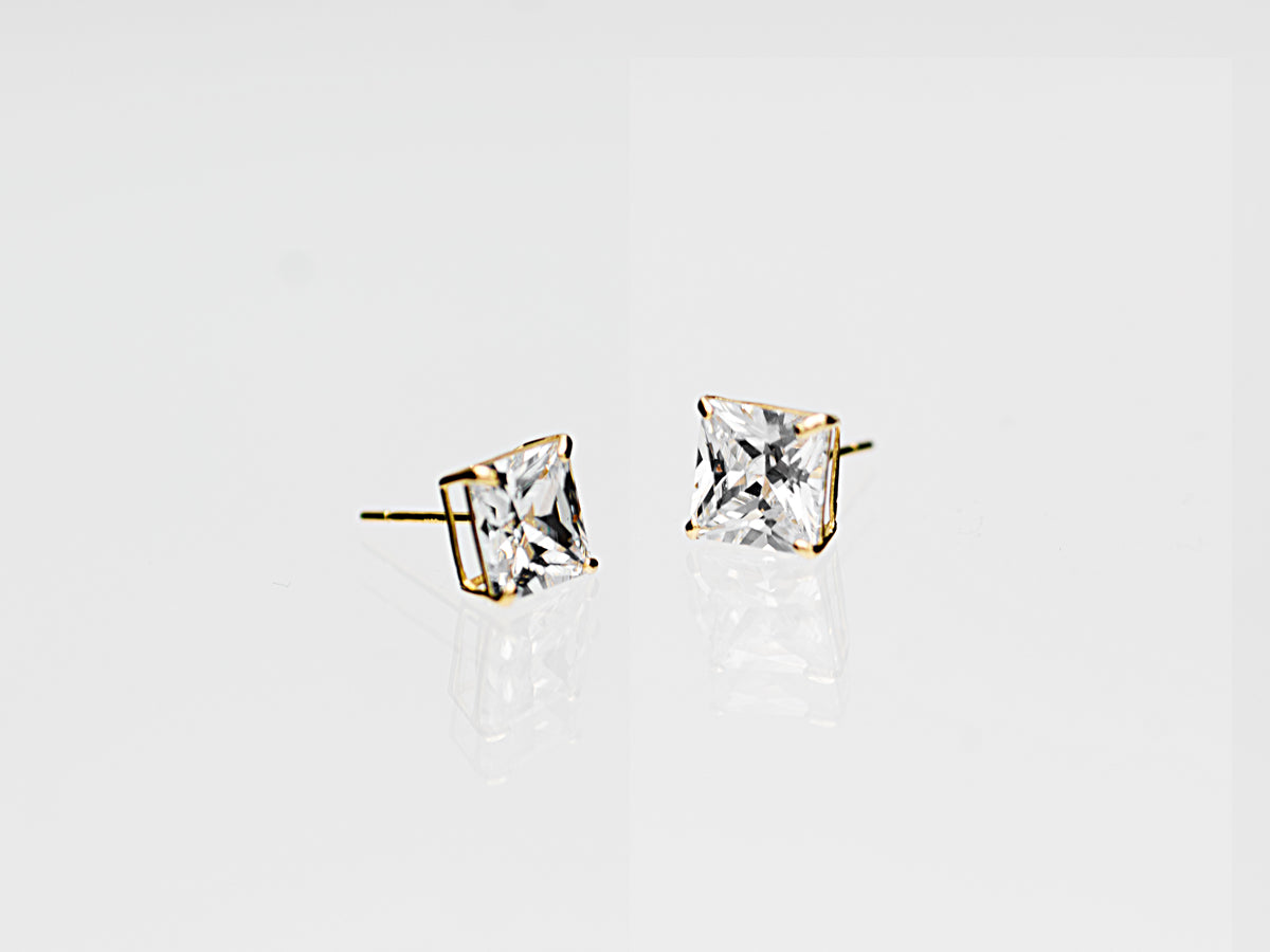 14k Solid Gold Basket Set CZ Princess cut Stud