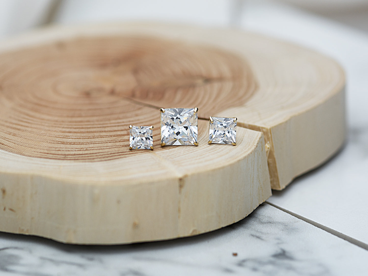14k Solid Gold Basket Set CZ Princess cut Stud