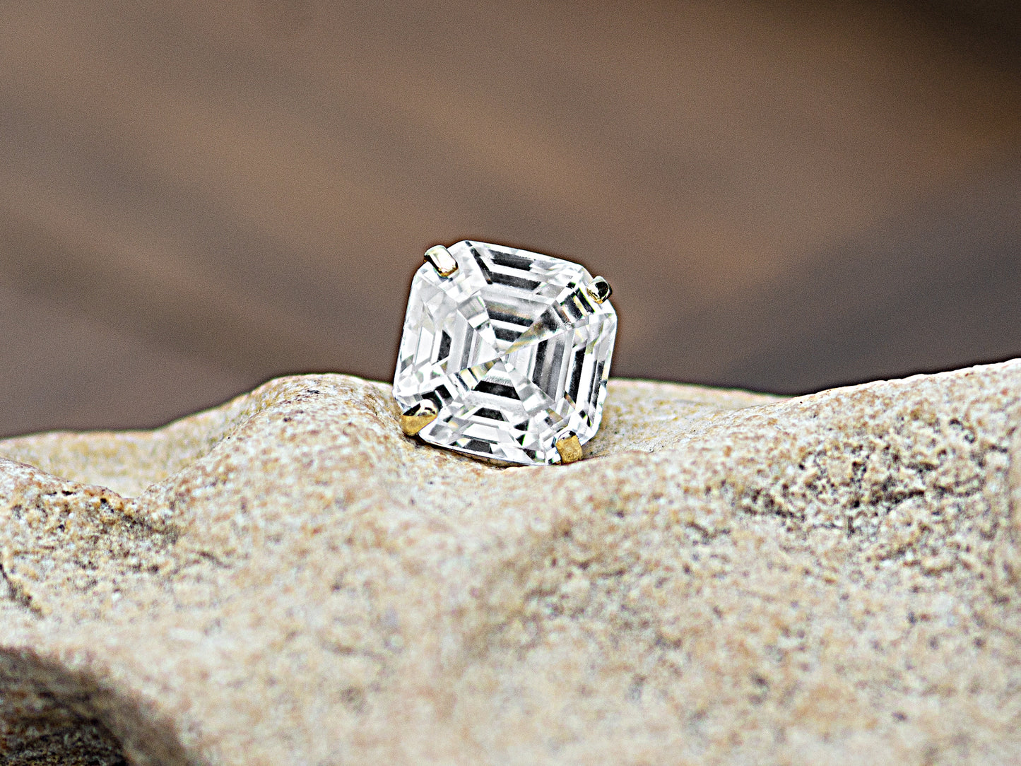 14k Solid Yellow Gold Basket Set Asscher Cut CZ Stud