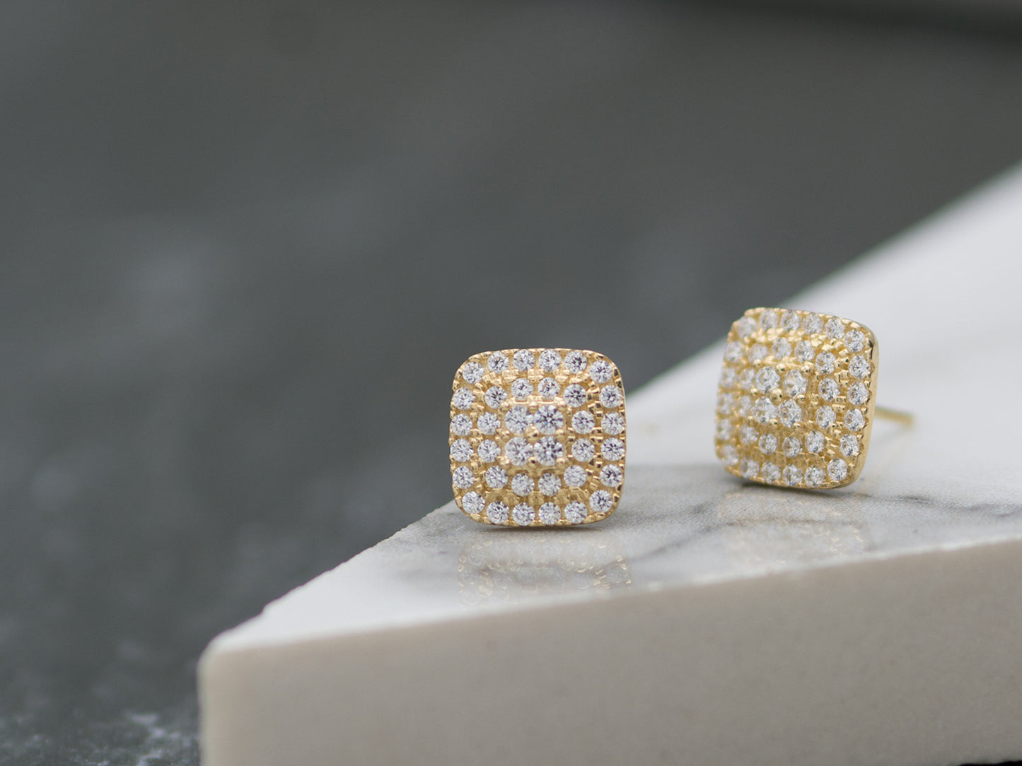 14K Genuine Solid Gold with Rounded Square Simulated Diamond studs earring