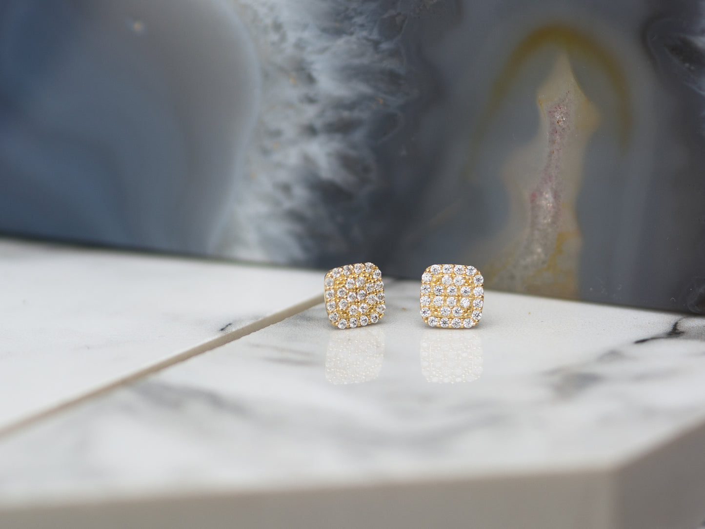 14K Genuine Solid Gold with Rounded Square Simulated Diamond studs earring