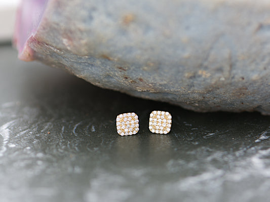 14K Genuine Solid Gold with Rounded Square Simulated Diamond studs earring