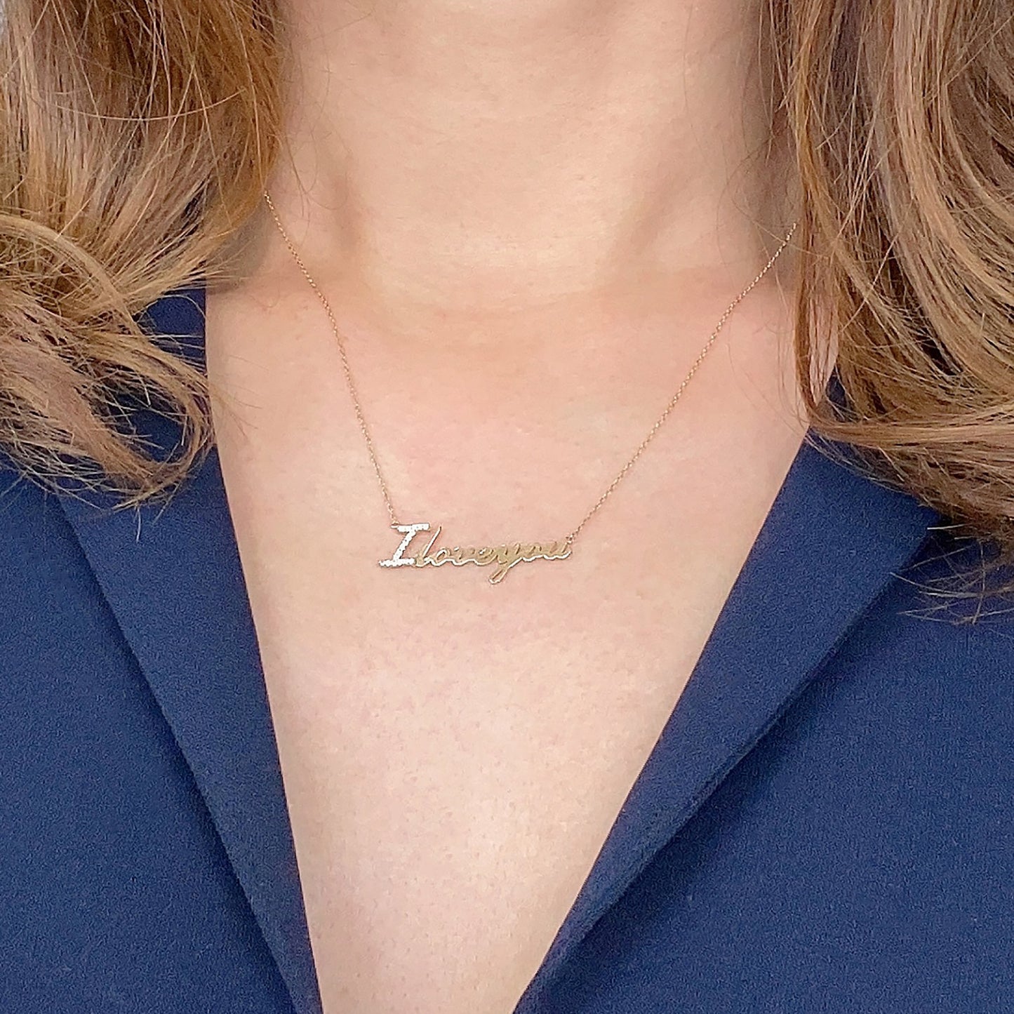 14K Solid Yellow Gold " I Love you" script Letter necklace with simulated Diamond