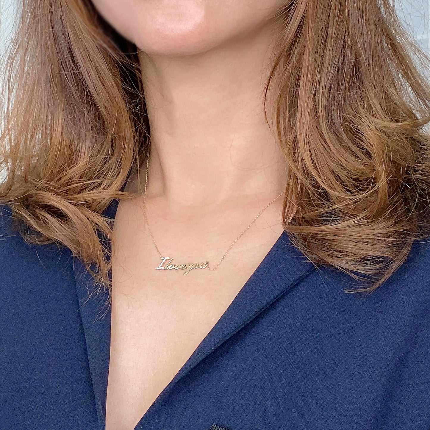 14K Solid Yellow Gold " I Love you" script Letter necklace with simulated Diamond