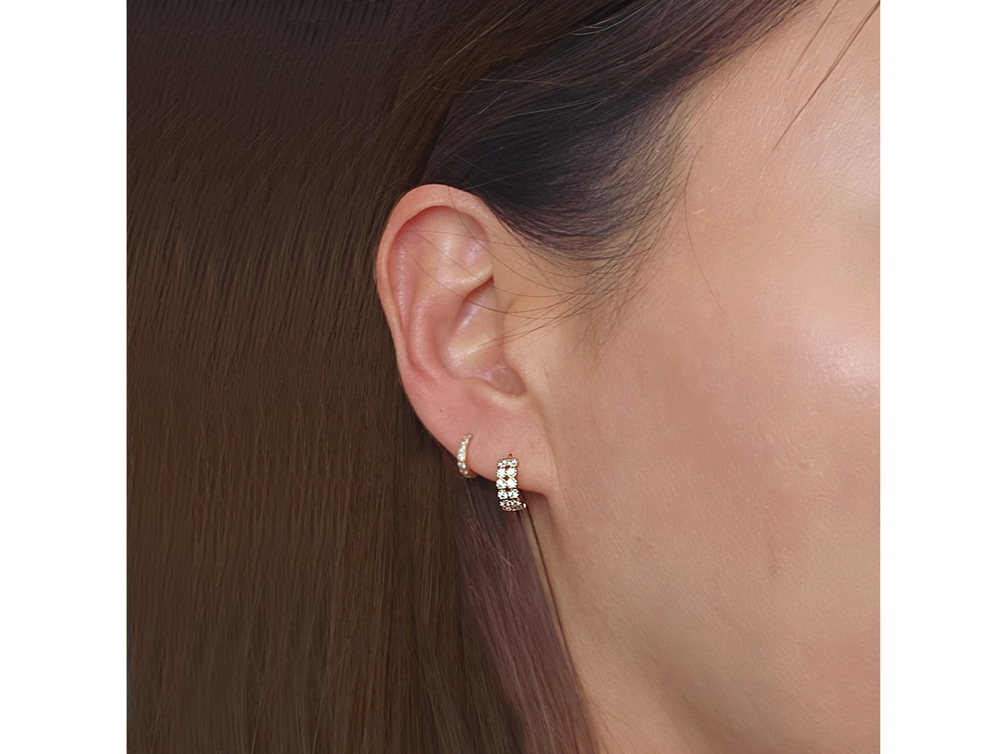 14k solid gold Two-Row Pavé Hoop Huggies earring