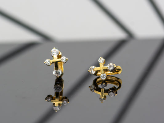 14k solid gold Dainty Cross Shaped Hoop Huggies earring