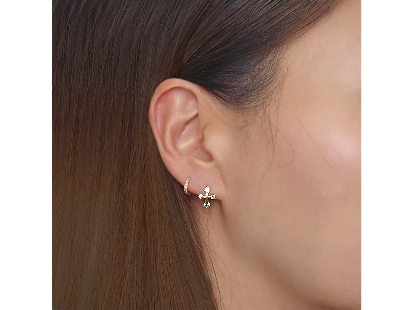 14k solid gold Dainty Cross Shaped Hoop Huggies earring