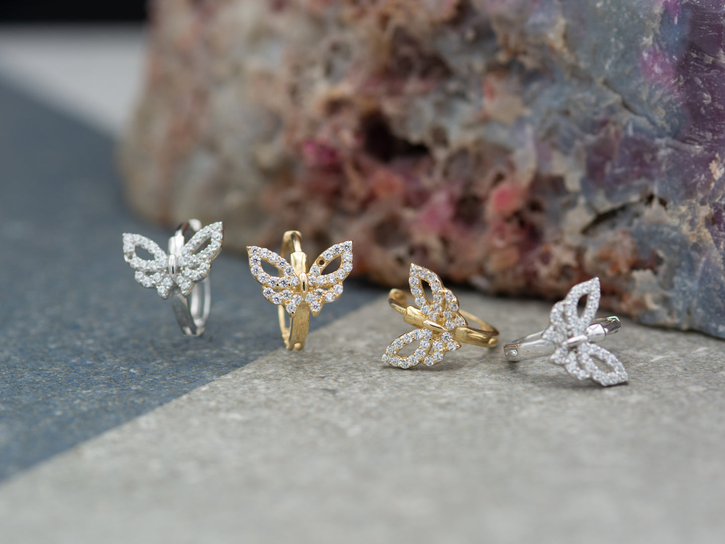 14k solid gold Pave Butterfly Hoop Huggies earring