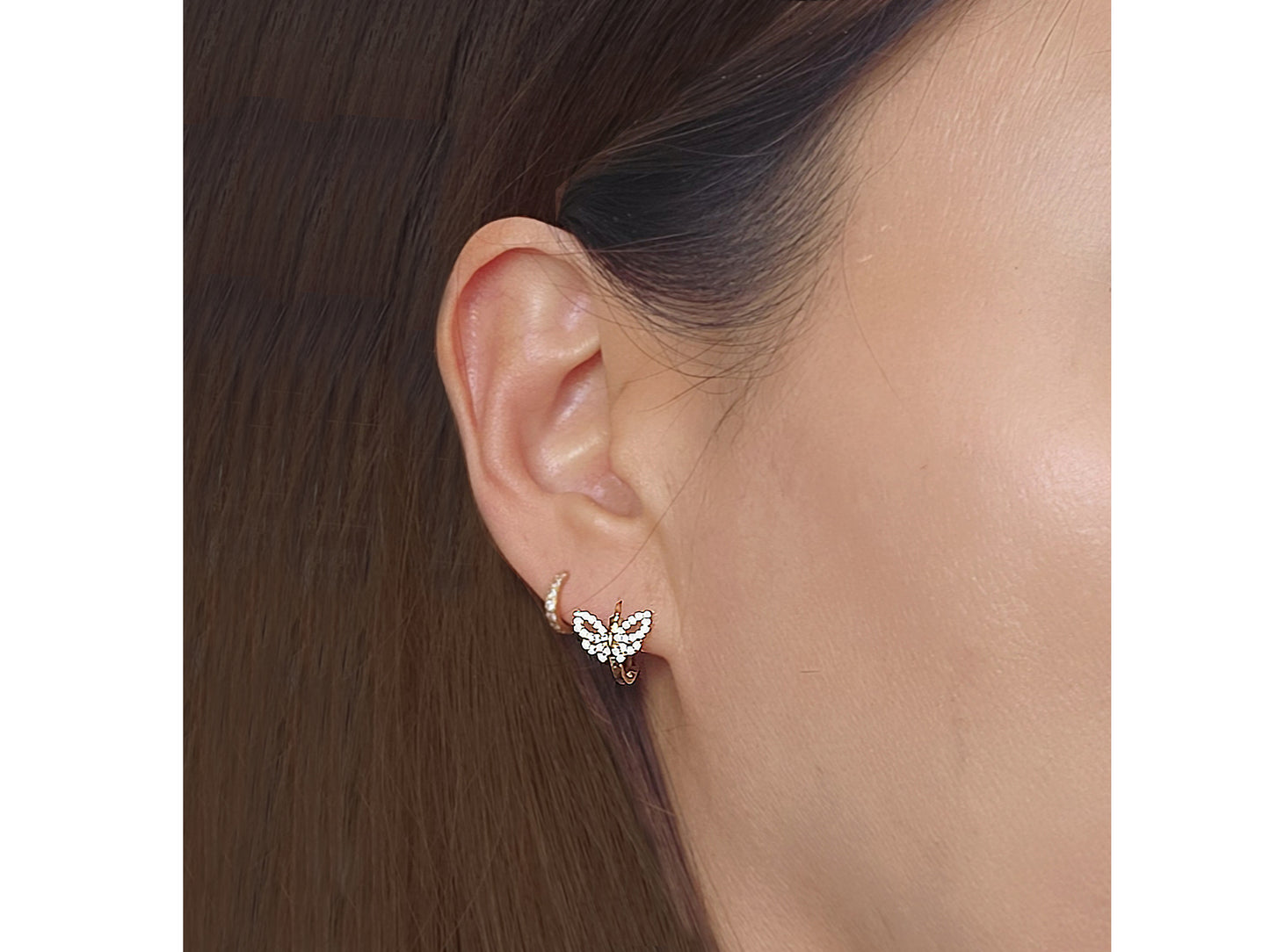 14k solid gold Pave Butterfly Hoop Huggies earring