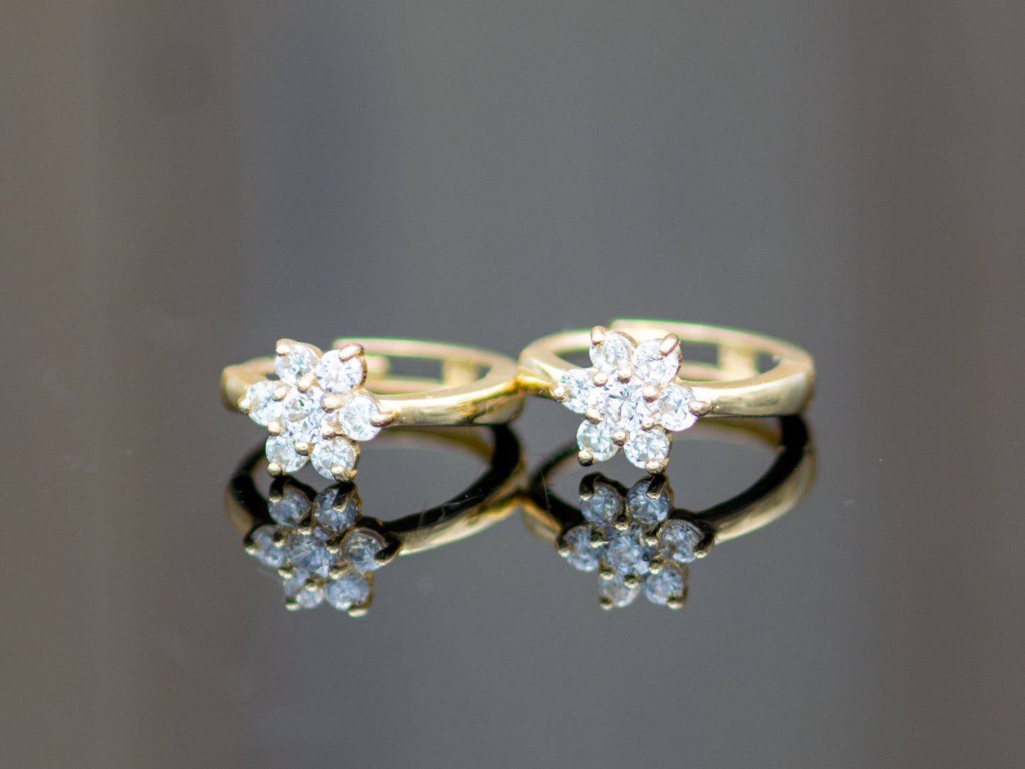 14k solid gold CZ Flower Hoop Huggies earring