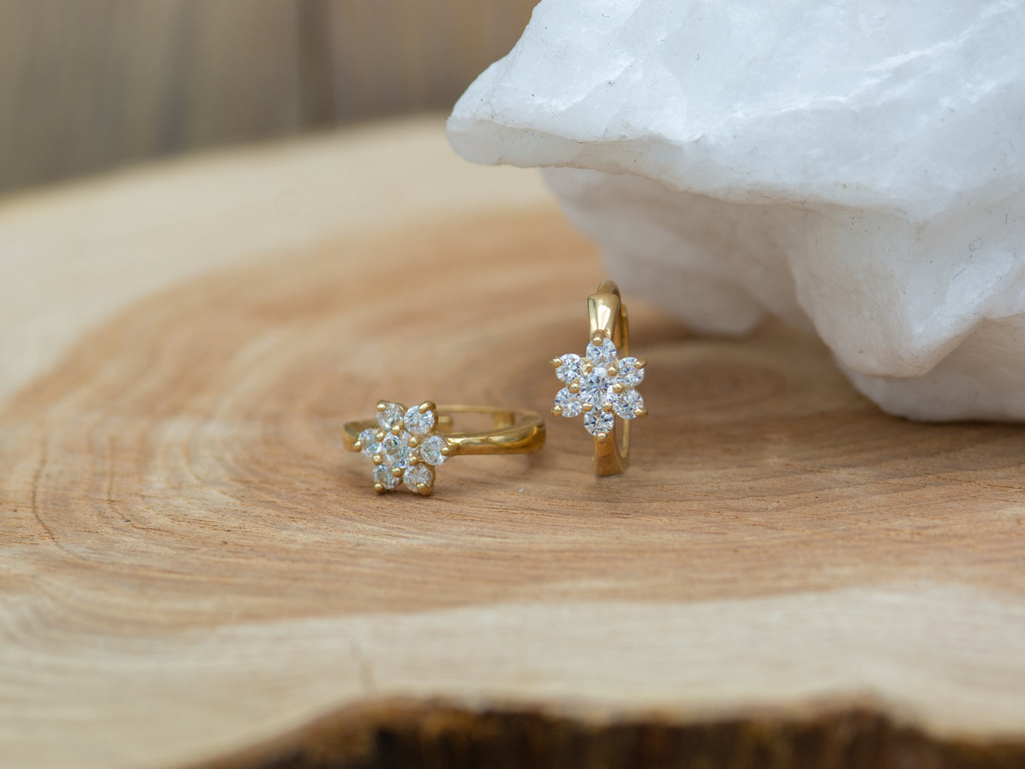 14k solid gold CZ Flower Hoop Huggies earring