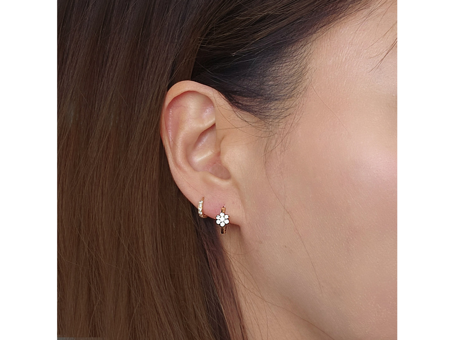 14k solid gold CZ Flower Hoop Huggies earring