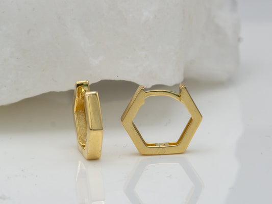 14k solid gold Hexagon Hoop Huggies earring