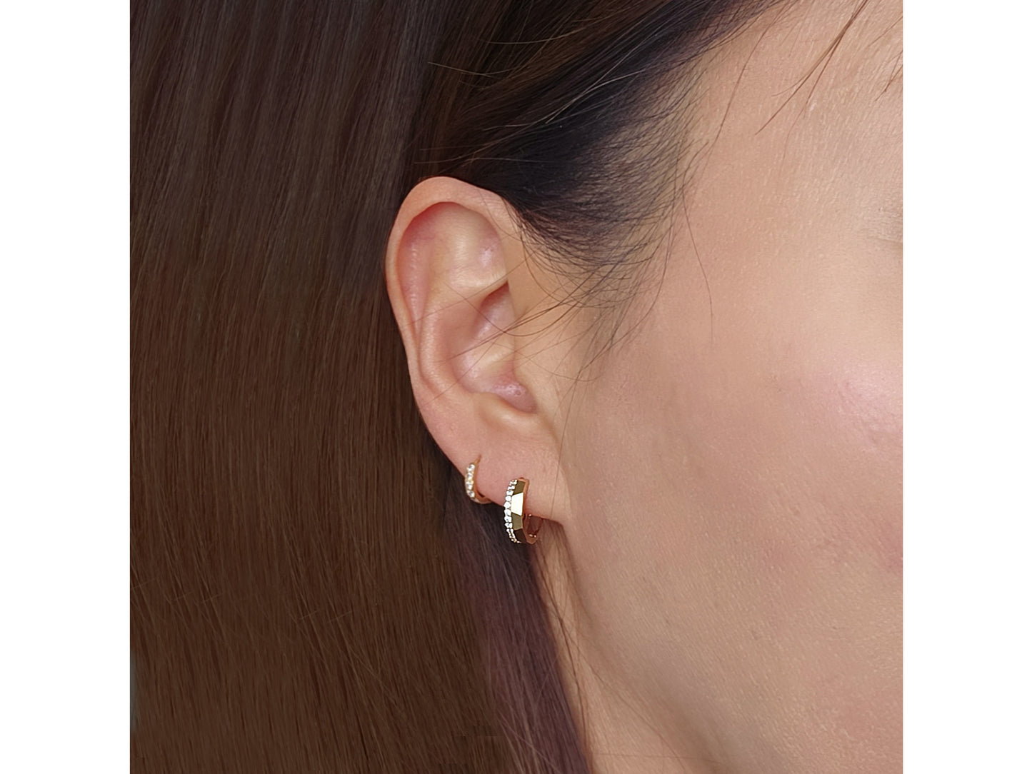14K Solid Gold Pavé Hoop Huggies Earrings