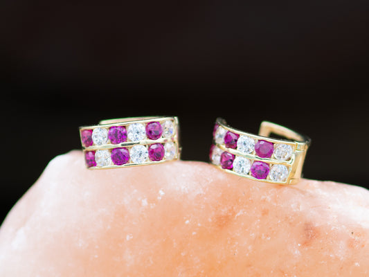 14k solid gold Sparkling Synthetic Ruby Pave Set Huggies earring
